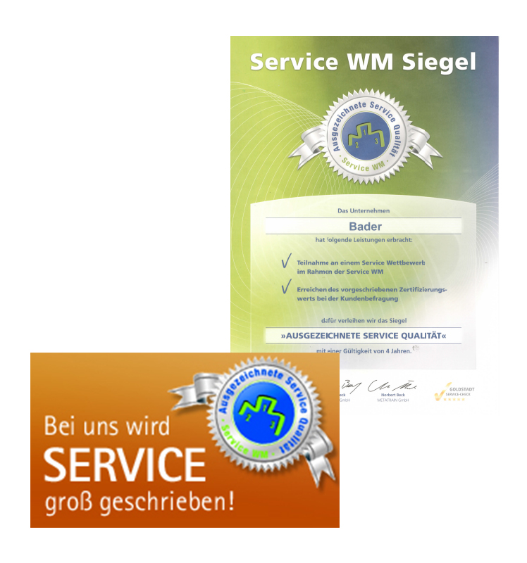 Serviceauszeichnungen für BADER, darunter das Service-WM-Siegel für ausgezeichnete Servicequalität.